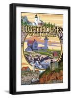 Lighthouses of Maine Montage-Lantern Press-Framed Art Print