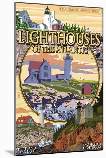 Lighthouses of Maine Montage-Lantern Press-Mounted Art Print