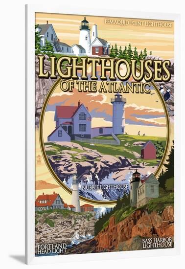 Lighthouses of Maine Montage-Lantern Press-Framed Art Print