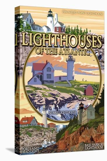 Lighthouses of Maine Montage-Lantern Press-Stretched Canvas