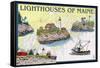 Lighthouses of Maine - Nautical Chart-Lantern Press-Framed Stretched Canvas