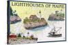Lighthouses of Maine - Nautical Chart-Lantern Press-Stretched Canvas
