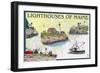 Lighthouses of Maine - Nautical Chart-Lantern Press-Framed Art Print