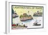 Lighthouses of Maine - Nautical Chart-Lantern Press-Framed Art Print