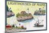 Lighthouses of Maine - Nautical Chart-Lantern Press-Mounted Art Print