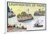 Lighthouses of Maine - Nautical Chart-Lantern Press-Framed Art Print