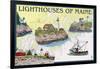 Lighthouses of Maine - Nautical Chart-Lantern Press-Framed Art Print