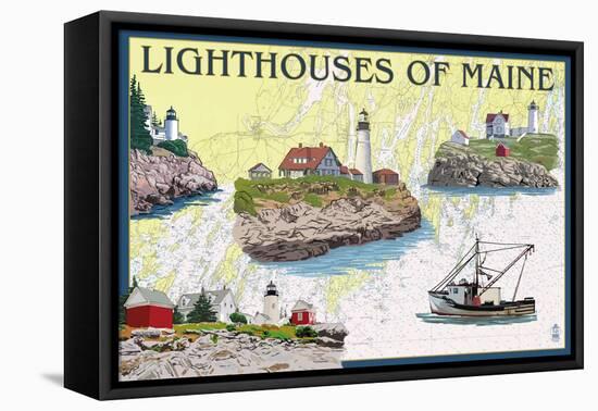 Lighthouses of Maine - Nautical Chart-Lantern Press-Framed Stretched Canvas