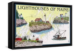 Lighthouses of Maine - Nautical Chart-Lantern Press-Framed Stretched Canvas