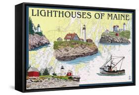 Lighthouses of Maine - Nautical Chart-Lantern Press-Framed Stretched Canvas