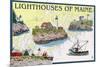 Lighthouses of Maine - Nautical Chart-Lantern Press-Mounted Art Print