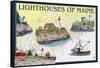 Lighthouses of Maine - Nautical Chart-Lantern Press-Framed Stretched Canvas