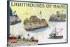 Lighthouses of Maine - Nautical Chart-Lantern Press-Stretched Canvas