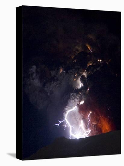Lighting Seen Amid the Lava and Ash Erupting from the Vent of the Volcano in Central Iceland-null-Stretched Canvas