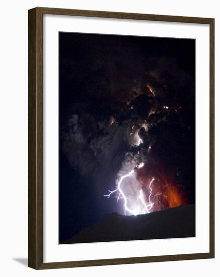 Lighting Seen Amid the Lava and Ash Erupting from the Vent of the Volcano in Central Iceland-null-Framed Photographic Print