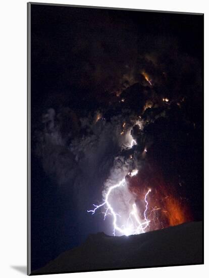 Lighting Seen Amid the Lava and Ash Erupting from the Vent of the Volcano in Central Iceland-null-Mounted Photographic Print