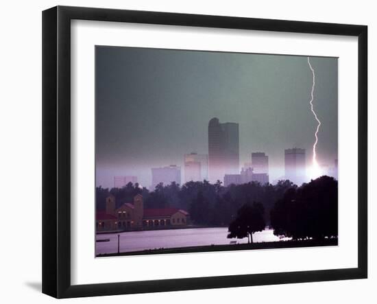 Lighting Strikes in Downtown Denver-null-Framed Premium Photographic Print