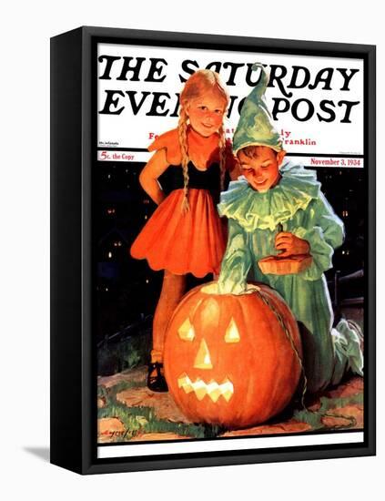 "Lighting the Pumpkin," Saturday Evening Post Cover, November 3, 1934-Eugene Iverd-Framed Stretched Canvas