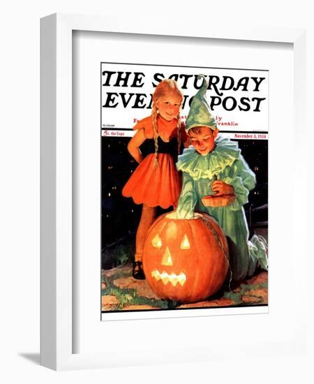 "Lighting the Pumpkin," Saturday Evening Post Cover, November 3, 1934-Eugene Iverd-Framed Giclee Print