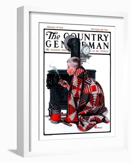 "Lighting the Wood Stove," Country Gentleman Cover, February 28, 1925-Elbert Mcgran Jackson-Framed Giclee Print
