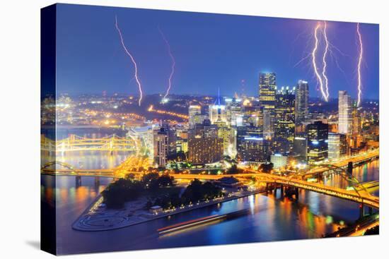 Lightning among Skyscrapers in Downtown Pittsburgh, Pennsylvania, Usa.-SeanPavonePhoto-Stretched Canvas