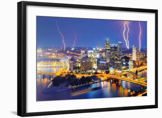 Lightning among Skyscrapers in Downtown Pittsburgh, Pennsylvania, Usa.-SeanPavonePhoto-Framed Photographic Print