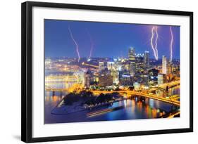 Lightning among Skyscrapers in Downtown Pittsburgh, Pennsylvania, Usa.-SeanPavonePhoto-Framed Photographic Print