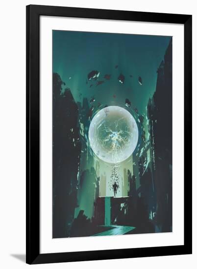 Lightning Ball and Geometry in the Form of Human with Building Background,Illustration Painting-Tithi Luadthong-Framed Art Print