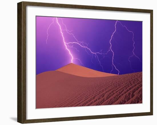 Lightning Bolts Striking Sand Dunes, Death Valley National Park, California, USA-Steve Satushek-Framed Photographic Print