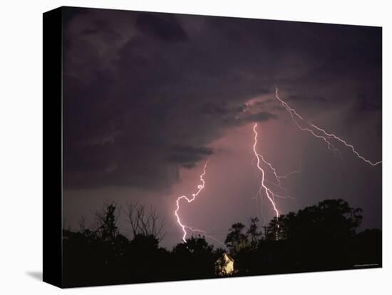 Lightning Over Floodlit Building, Pusztaszer, Hungary-Bence Mate-Stretched Canvas