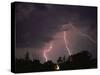 Lightning Over Floodlit Building, Pusztaszer, Hungary-Bence Mate-Stretched Canvas