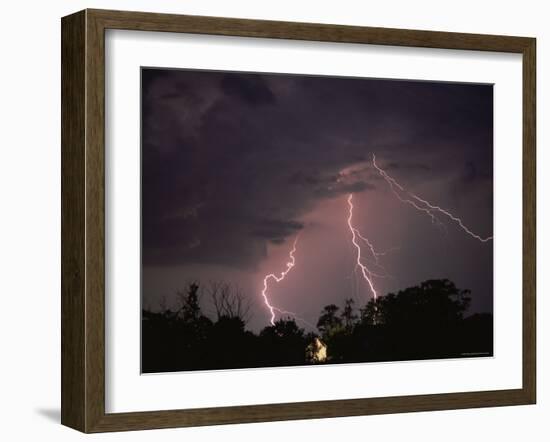 Lightning Over Floodlit Building, Pusztaszer, Hungary-Bence Mate-Framed Photographic Print