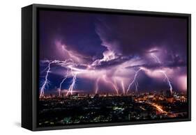 Lightning Storm over City in Purple Light-Vasin Lee-Framed Stretched Canvas