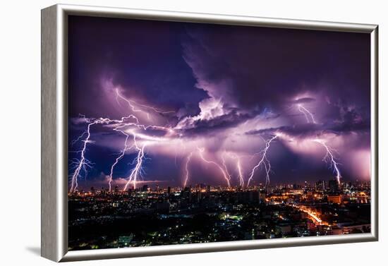 Lightning Storm over City in Purple Light-Vasin Lee-Framed Photographic Print