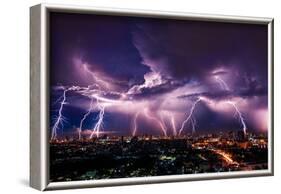 Lightning Storm over City in Purple Light-Vasin Lee-Framed Photographic Print