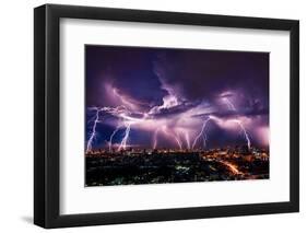 Lightning Storm over City in Purple Light-Vasin Lee-Framed Photographic Print