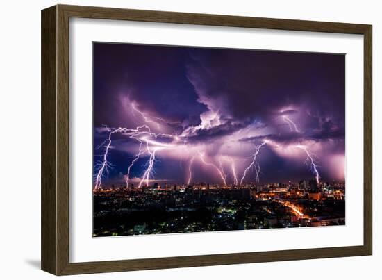 Lightning Storm over City in Purple Light-Vasin Lee-Framed Photographic Print