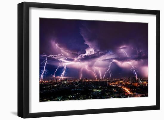 Lightning Storm over City in Purple Light-Vasin Lee-Framed Photographic Print