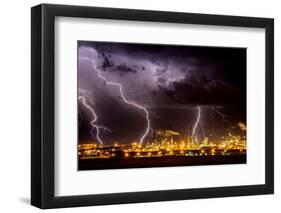 Lightning strike over large coal processing plant, South Africa-Paul Williams-Framed Photographic Print