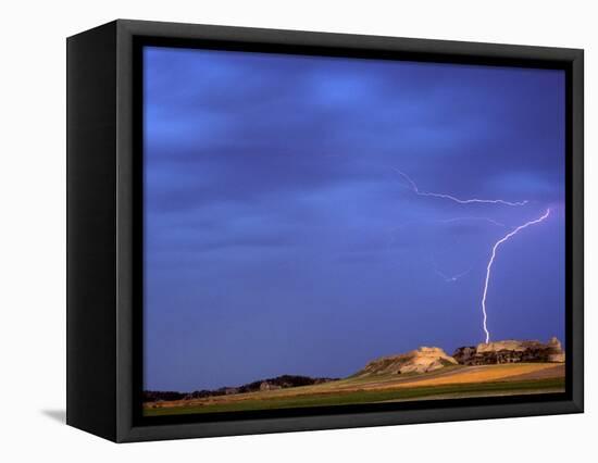 Lightning Strikes Buttes near Scottsbluff, Nebraska, USA-Chuck Haney-Framed Stretched Canvas