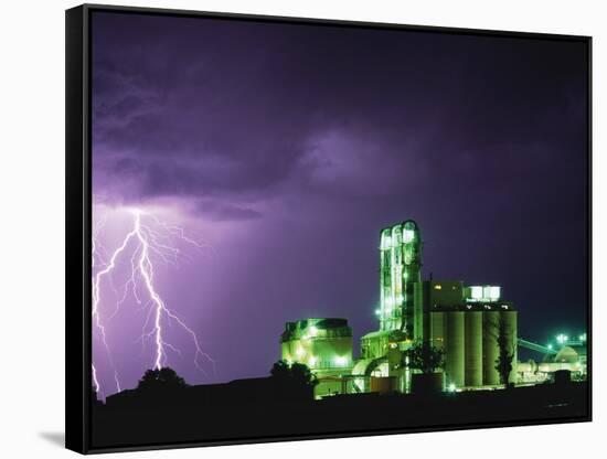 Lightning Striking near Factory in Texas-Paul Souders-Framed Stretched Canvas