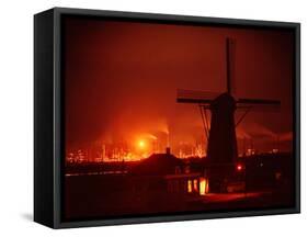 Lights and Fires of Pernis Refinery Glowing Behind Silhouetted Windmill-Ralph Crane-Framed Stretched Canvas