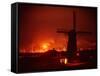 Lights and Fires of Pernis Refinery Glowing Behind Silhouetted Windmill-Ralph Crane-Framed Stretched Canvas