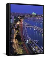 Lights at Dusk, with Boats in the Marina and Palma Cathedral across the Bay, Majorca, Spain-null-Framed Stretched Canvas