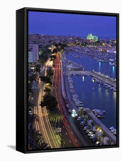 Lights at Dusk, with Boats in the Marina and Palma Cathedral across the Bay, Majorca, Spain-null-Framed Stretched Canvas