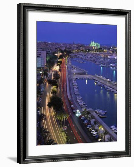 Lights at Dusk, with Boats in the Marina and Palma Cathedral across the Bay, Majorca, Spain-null-Framed Photographic Print