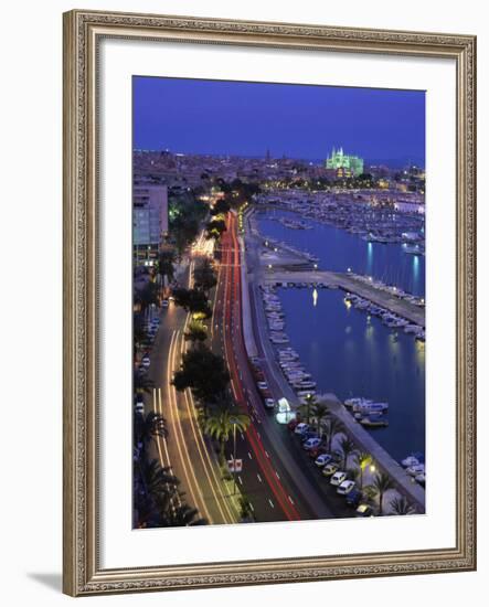 Lights at Dusk, with Boats in the Marina and Palma Cathedral across the Bay, Majorca, Spain-null-Framed Photographic Print