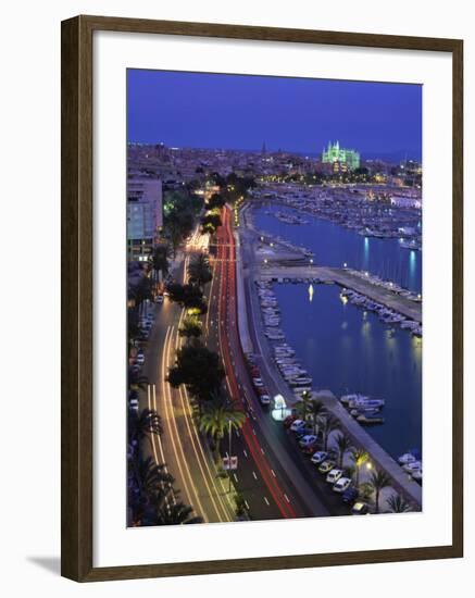 Lights at Dusk, with Boats in the Marina and Palma Cathedral across the Bay, Majorca, Spain-null-Framed Photographic Print