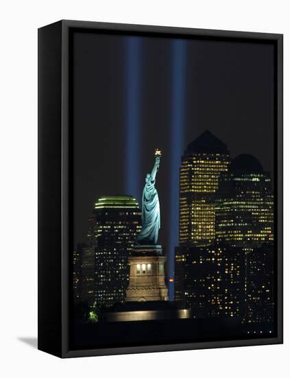 Lights from the Former World Trade Center Site Can be Seen on Both Sides of the Statue of Liberty-null-Framed Stretched Canvas