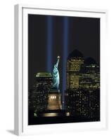 Lights from the Former World Trade Center Site Can be Seen on Both Sides of the Statue of Liberty-null-Framed Premium Photographic Print